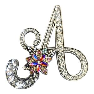 Letter A Initial Brooch Pin Lapel Scarf Silver Rhinestone Crystal Floral Pink